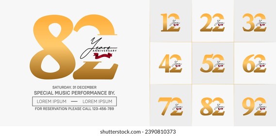 Set of Anniversary Logotype with red ribbon, gold color can be use for special day celebration
