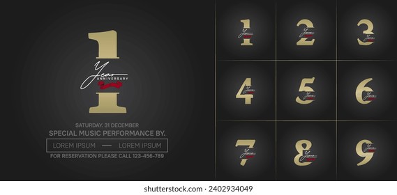 Set of Anniversary Logotype with red ribbon, gold color can be use for special day celebration