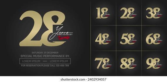 Set of Anniversary Logotype with red ribbon, gold color can be use for special day celebration