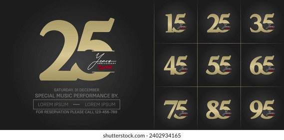 Set of Anniversary Logotype with red ribbon, gold color can be use for special day celebration