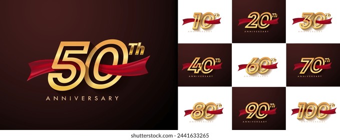 Set of anniversary logotype and red ribbon. Golden anniversary celebration emblem design for booklet, leaflet, magazine, brochure poster, web, invitation or greeting card.