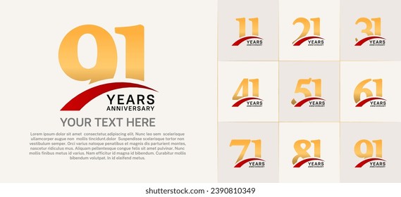 Set of Anniversary Logotype with red swoosh, gold color can be use for special day celebration