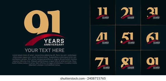 Set of Anniversary Logotype with red swoosh, brown color can be use for special day celebration