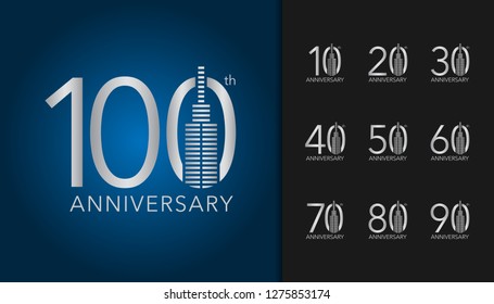 Set of anniversary logotype. Silver anniversary celebration emblem with building. Design for company profile, booklet, leaflet, magazine, brochure invitation or greeting card. Vector illustration