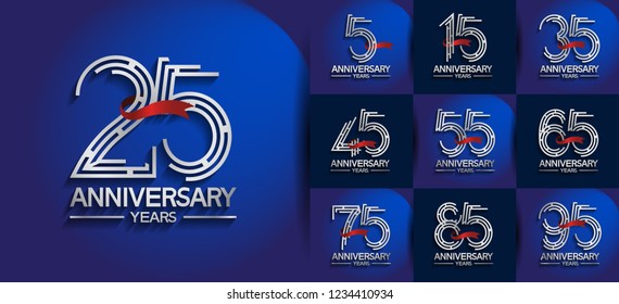 set of anniversary logotype silver color on blue background for company celebration