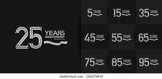 set of anniversary logotype silver color and ribbon isolated on black background for celebration