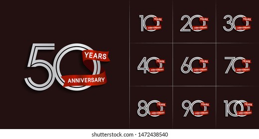 set of anniversary logotype with silver color and red ribbon for celebration purpose and special moment