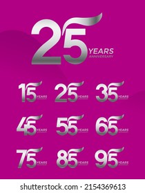 Set of Anniversary logotype silver color with purple background for celebration