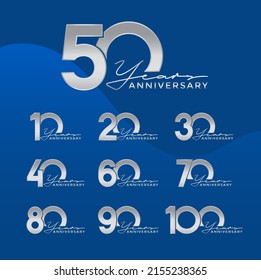 Set of Anniversary logotype silver color with blue background for celebration