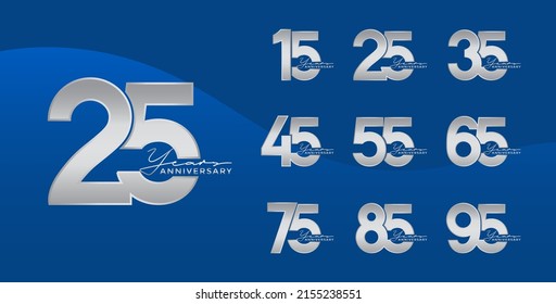 Set of Anniversary logotype silver color with blue background for celebration