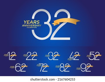 set of anniversary logotype silver color with golden ribbon on blue background for celebration