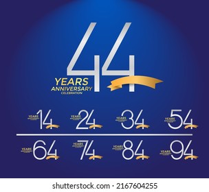 set of anniversary logotype silver color with golden ribbon on blue background for celebration