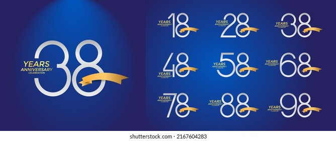 set of anniversary logotype silver color with golden ribbon on blue background for celebration