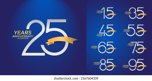 conjunto de aniversario logotipo color plata con cinta dorada sobre fondo azul para celebración