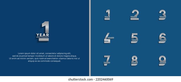 conjunto de aniversario logotipo color de plata sobre fondo azul para momento de celebración