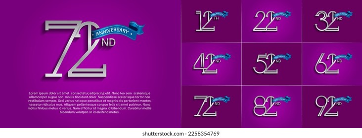 conjunto de aniversario logotipo color plata con cinta azul sobre fondo color púrpura para evento de celebración especial