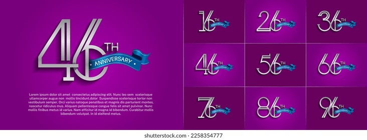 set of anniversary logotype silver color with blue ribbon on purple color background for special celebration event