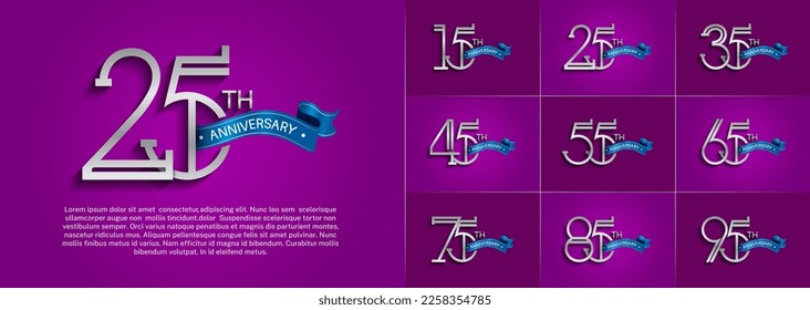 set of anniversary logotype silver color with blue ribbon on purple color background for special celebration event