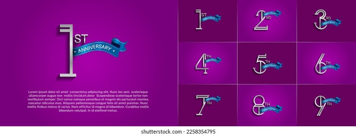 set of anniversary logotype silver color with blue ribbon on purple color background for special celebration event