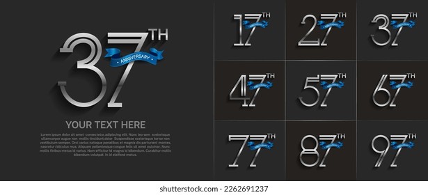 set of anniversary logotype silver color with blue ribbon for special celebration event
