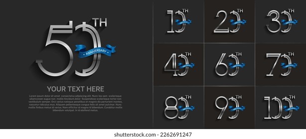 set of anniversary logotype silver color with blue ribbon for special celebration event