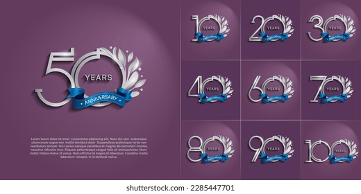 set of anniversary logotype silver color, ornament and blue ribbon for special celebration event