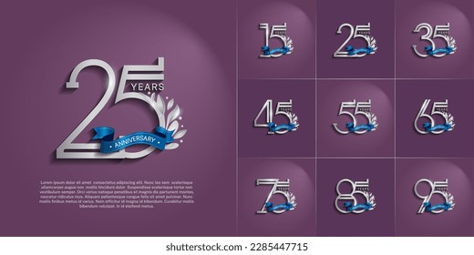 set of anniversary logotype silver color, ornament and blue ribbon for special celebration event