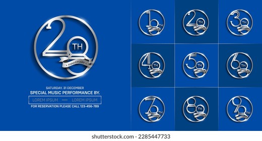 set of anniversary logotype silver color in circle and ribbon for special celebration event