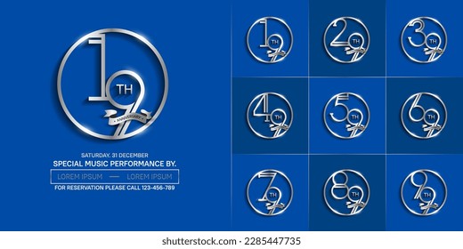 conjunto de color plateado del logotipo del aniversario en círculo y cinta para la celebración especial