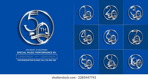 conjunto de color plateado del logotipo del aniversario en círculo y cinta para la celebración especial