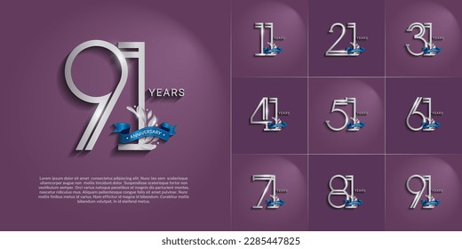 set of anniversary logotype silver color, ornament and blue ribbon for special celebration event