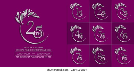 set of anniversary logotype silver color with swoosh and ornament for special celebration event