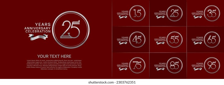 set of anniversary logotype silver color in circle and ribbon for special celebration event