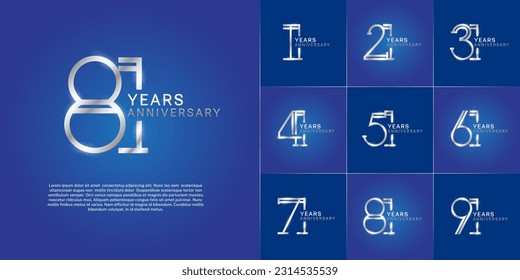 set of anniversary logotype silver color with glitter on blue color background for special celebration event
