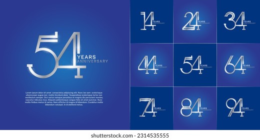 set of anniversary logotype silver color with glitter on blue color background for special celebration event