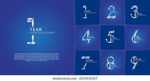 set of anniversary logotype silver color with glitter on blue color background for special celebration event