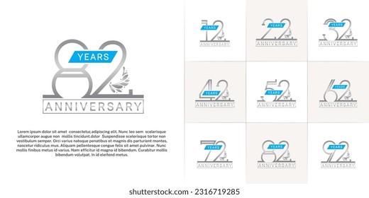 set of anniversary logotype silver color with ornament and blue ribbon for special celebration event