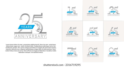 set of anniversary logotype silver color with ornament and blue ribbon for special celebration event