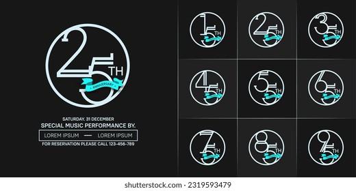 set of anniversary logotype silver color in circle and blue ribbon for special celebration event