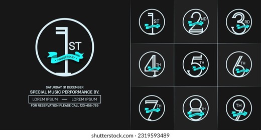 set of anniversary logotype silver color in circle and blue ribbon for special celebration event