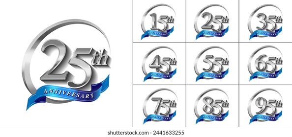 set of anniversary logotype silver color with silver ring and blue ribbon for celebration event, wedding, greeting card, and invitation