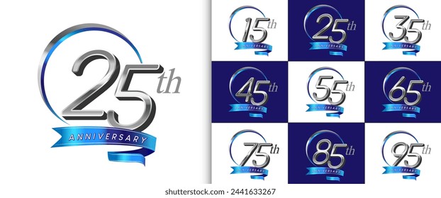 set of anniversary logotype silver color with silver ring and blue ribbon for celebration event, wedding, greeting card, and invitation