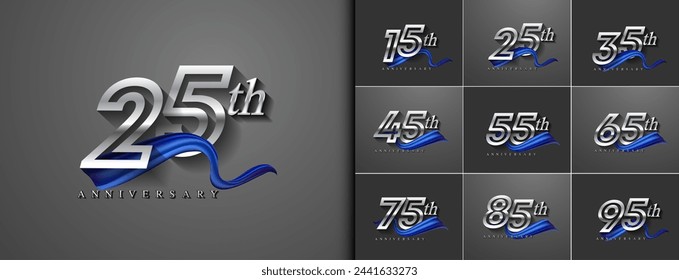 set of anniversary logotype silver color with blue ribbon for celebration event, wedding, greeting card, and invitation