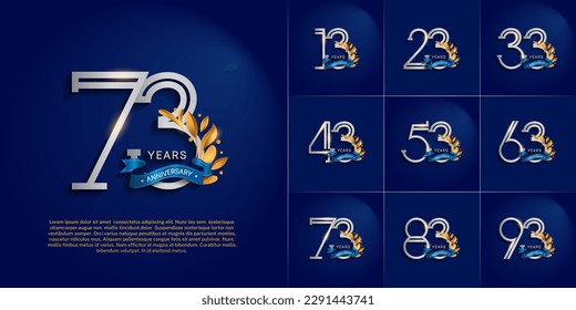 set of anniversary logotype silver and gold color, ornament and blue ribbon for special celebration event