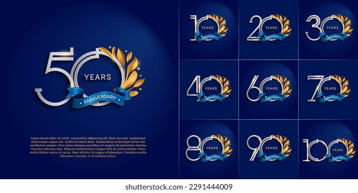 set of anniversary logotype silver and gold color, ornament and blue ribbon for special celebration event