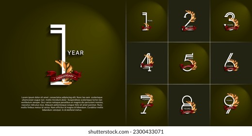 set of anniversary logotype silver and gold color, ornament and red ribbon for special celebration event