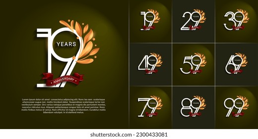 juego de aniversario logotipo plata y color oro, ornamento y cinta roja para celebración especial