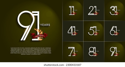 set of anniversary logotype silver and gold color, ornament and red ribbon for special celebration event