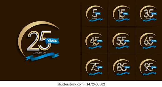 set of anniversary logotype with silver and golden color and blue ribbon for celebration purpose and special moment