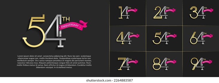 conjunto de aniversario logotipo plata y color dorado con cinta rosa sobre fondo de color negro para celebración especial